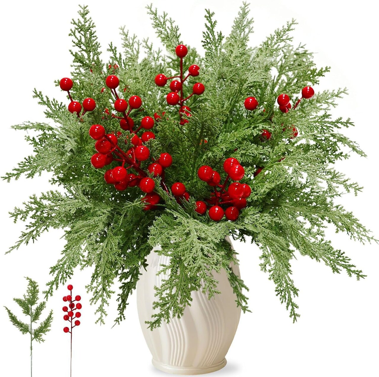 40 Pcs Christmas Artificial Pine Cypress Branches with Red Berry Stems (Multi Color) 1"D x 1"W x 1"H